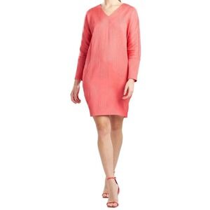 Natori Shift Dress S NEW Jacquard Pockets Textured Long Sleeve Coral Pink Dolman